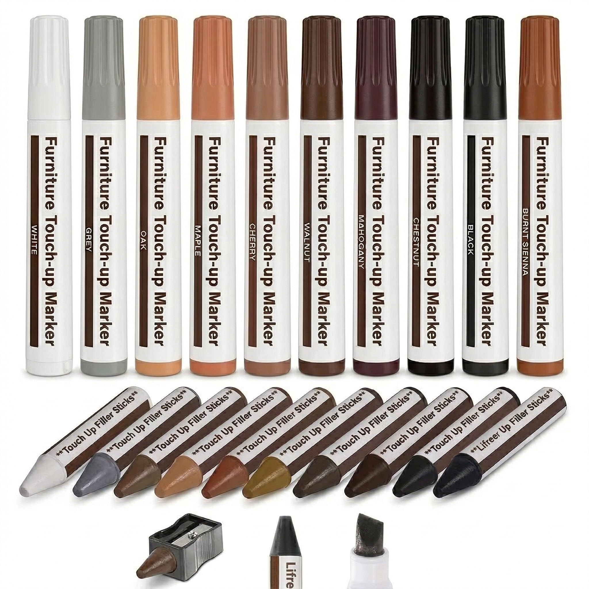 Furniture Markers Touch Up, Lifreer 21 Pcs Wood Filler Floor Scratch Repair Kits, Wood Markers and Wax Sticks with Sharpener Kit for Funiture Repair,Floor Scratch.
