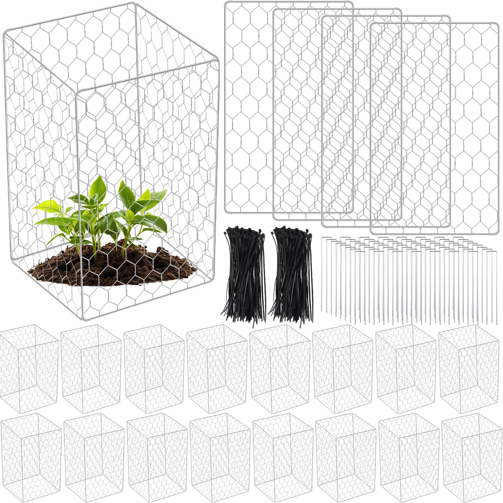 Photo 1 of MorningRo 16 Set Wire Plant Protectors Square Wire Plant Cages Chicken Wire Cloche Mesh Plant Cage with 64 Ground Stakes and 200 Nylon Ties Protect Plants, Garden, Vegetables from Animals(12 x 20)