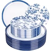 EI 60pcs Blue and White Floral Plastic Plates Fancy Blue Floral Disposable Heavy Duty,10.25inch Dinner Plate and 7.5inch Dessert Plate,Disposable Nice Plastic Plates for Party,Wedding(Value,Elegant)