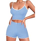 Hilinker Womens Graphic Print Ribbed PJ Set Crop Cami Tops and Shorts Cute Pajamas Set