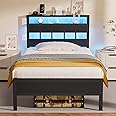 Furnulem Twin Bed Frames with Charging Station and LED Lights, Twin Size Platform Bed with Metal Slats, Wood Headboard with 2-Tier Storage Shelves, No Box Spring Needed, Black Oak
