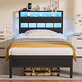 Furnulem Twin Bed Frames with Charging Station and LED Lights, Twin Size Platform Bed with Metal Slats, Wood Headboard with 2-Tier Storage Shelves, No Box Spring Needed, Black Oak