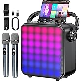 Karaoke Machine for Adults & Kids with Full-Screen LED Lights, Portable BT Speaker with 2 Microphones, Bass/Treble Adjustment, Supports TWS/FM/AUX/USB/TF Card for Home Party
