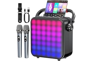 GESNADA Karaoke Machine for Adults & Kids with Full-Screen LED Lights, Portable BT Speaker with 2 Microphones, Bass/Treble Adjustment, Supports TWS/FM/AUX/USB/TF Card for Home Party