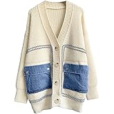 ebossy Women's Spliced Denim Pockets Knit Cardigan Button Down Slouchy Stripe Sweater Outwear