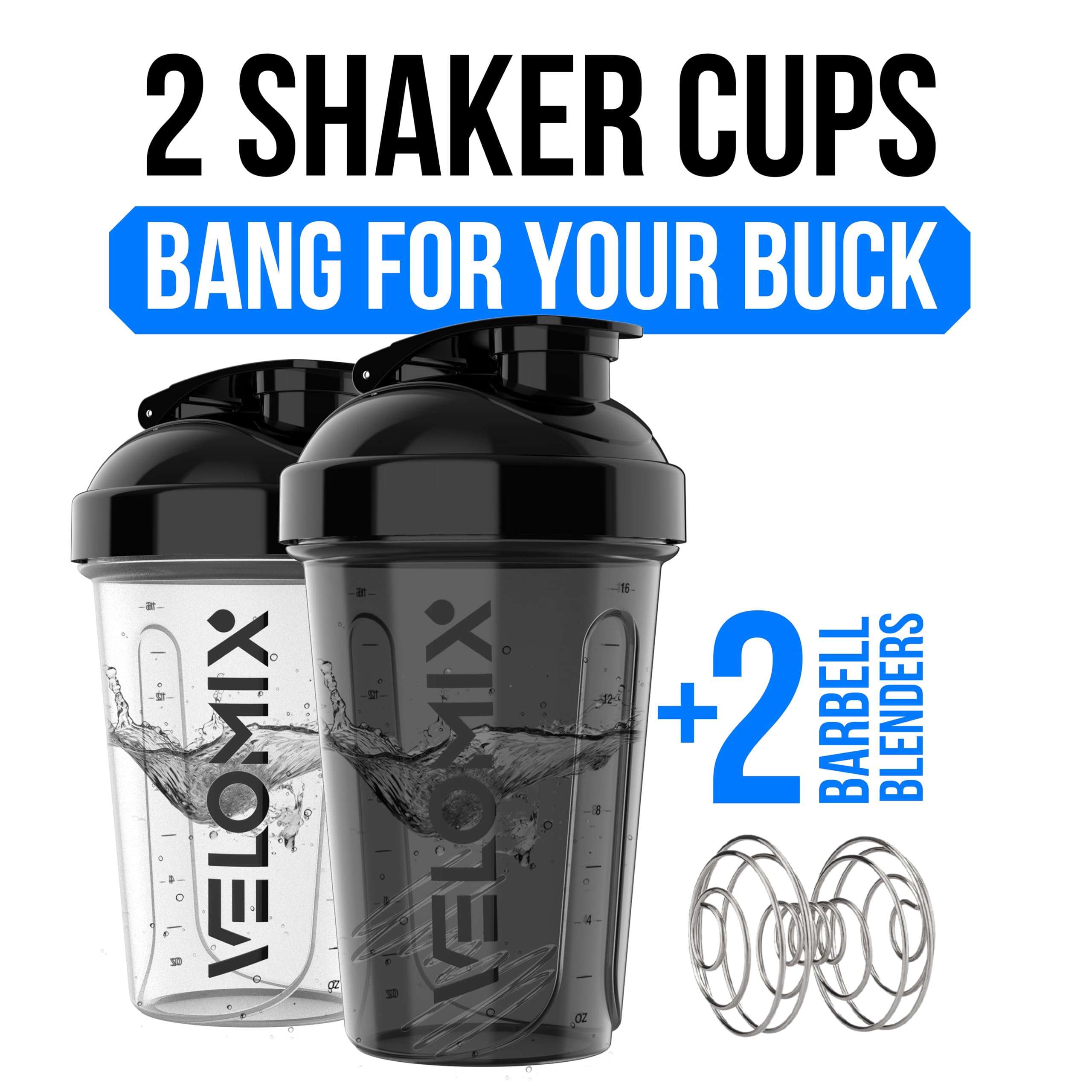 VELOMIX -2 Pack- 16 oz Protein Shaker Bottles for Protein Mixes - 2x Wire Whisk | Leak Proof Shaker Cups for Protein Shakes and Pre Workout | Protein Shaker Bottle Pack (Black/Transparent)