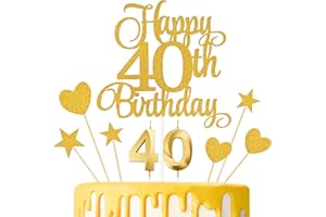 Lecferrarc 40th Birthday Cake Decorations, 40th Birthday Candles Cake Numeral Candles and Glitter Happy 40th Birthday Cake Toppers Set for Birthday Party Supplies (Gold)