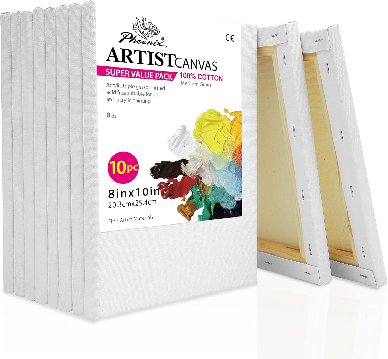 PHOENIX White Blank Cotton Stretched Canvas Artist Painting - 8x10 Inch / 10 Pack - 5/8 Inch Profile Triple Primed for Oil & Acrylic Paints