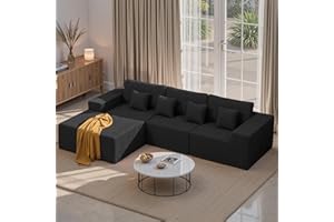 LUXANIMARION 111‘’ Modular Sectional Cloud Couches with L Shaped Chaise, Upholstered Deep Seat Boneless Sofa for Living Room, Bedroom, No Assembly Required-Black Corduroy