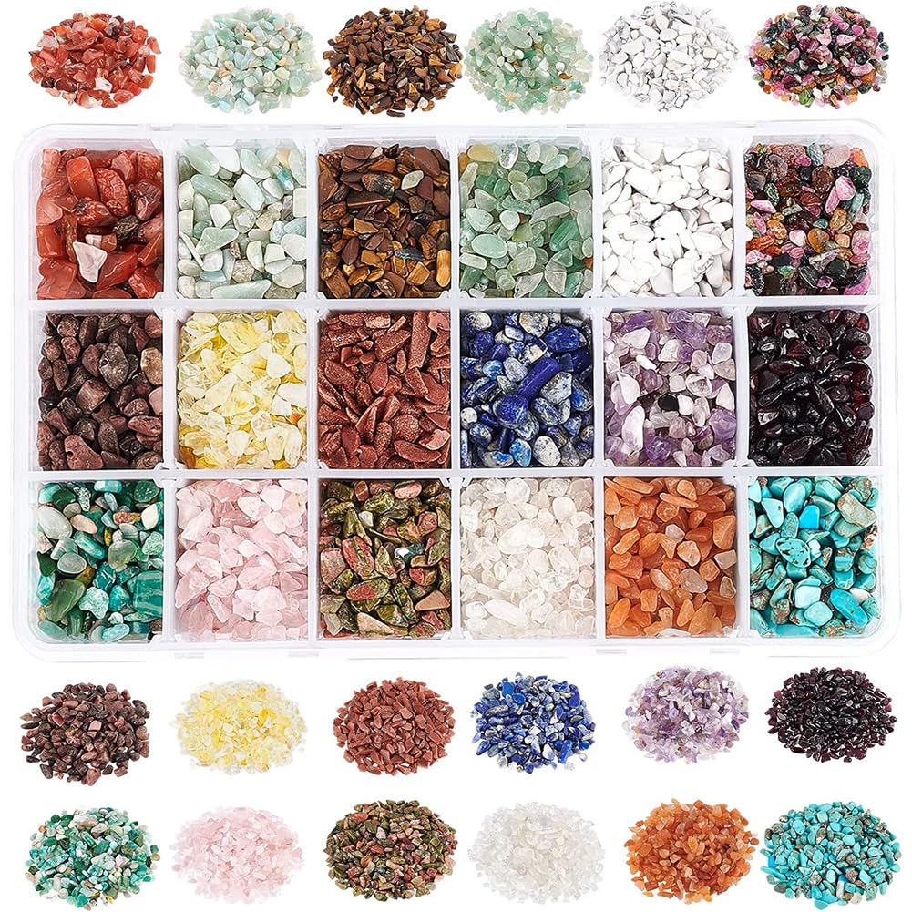 NBEADS 1 Box About 396g Natural Chip Gemstone Beads, 18 Styles No Hole Crystals Polishing Crushed Beads Irregular Shaped Stone Loose Beads Jewelry Making Craft Gift