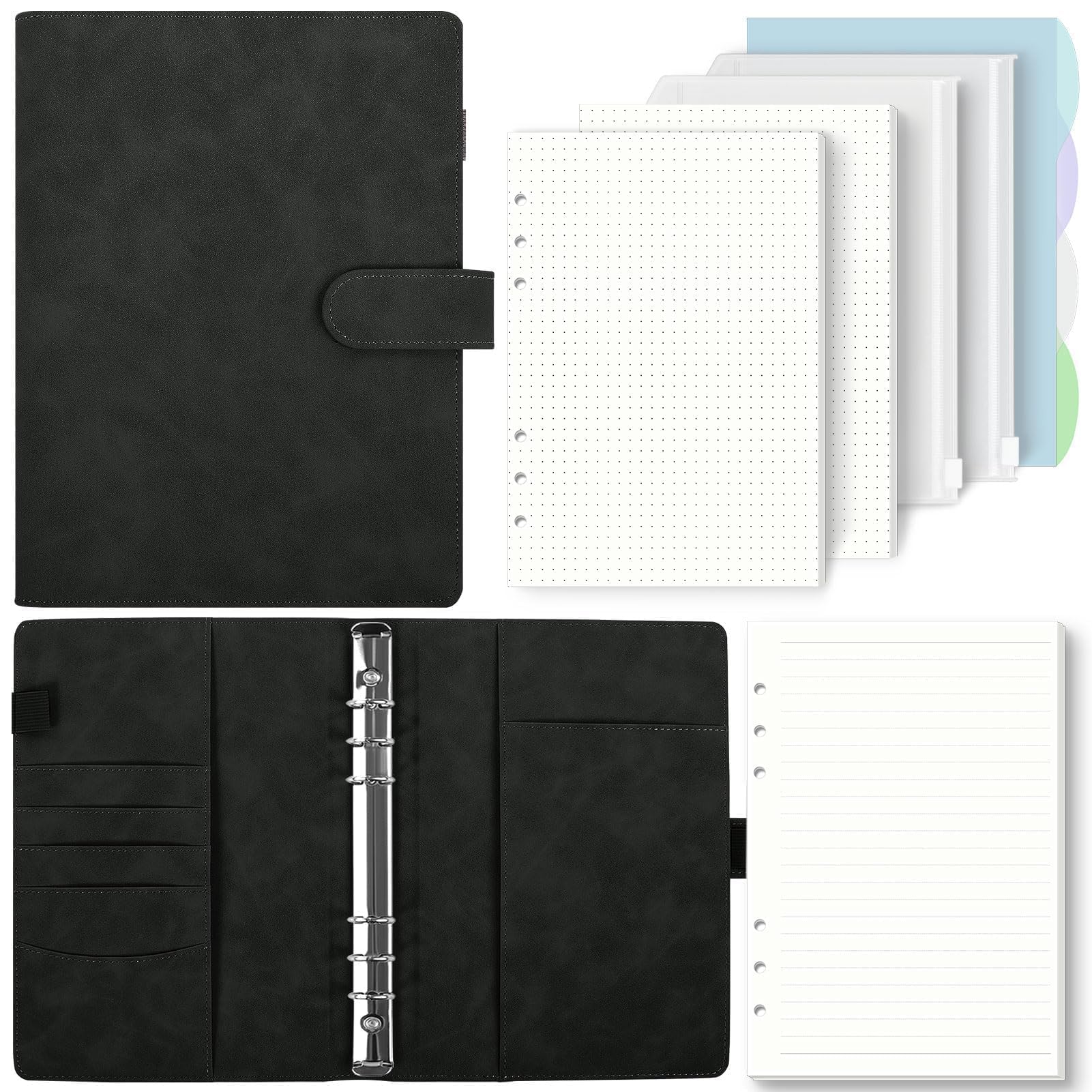 SKYDYE A5 6 Ring Binder - 135 Sheet Refill Paper, A5 Ring Binder Notebook with Pockets and Dividers for School Notes and Travel Diaries (Black)