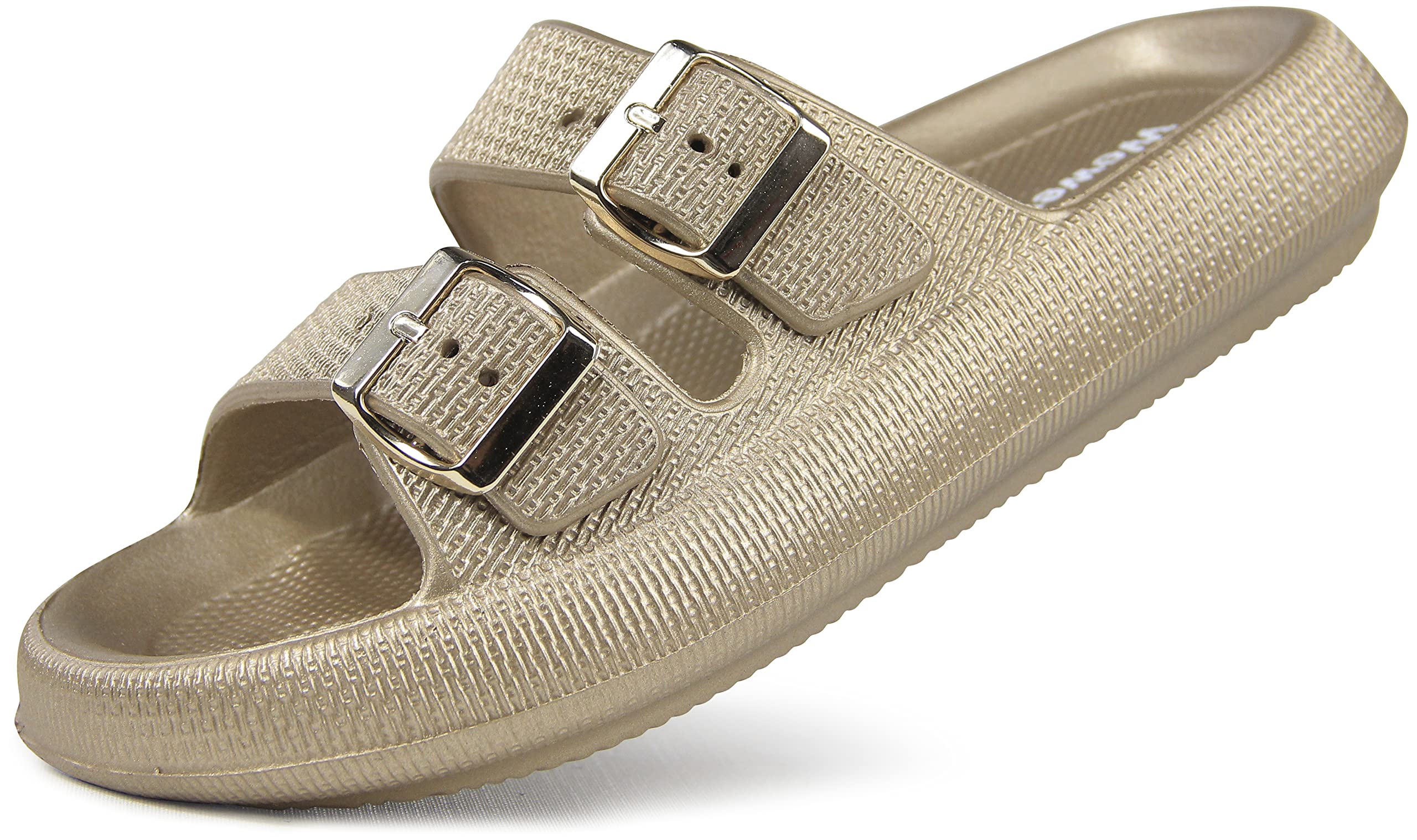 Photo 1 of ***used***Weweya Women Flat Sandal Double Buckle Adjustable Shower Shoes Bathroom Soft Cushioned Thick Sole House Slipper Gold Women Size 5.5 6 6.5 Men Size 3.5 4 4.5