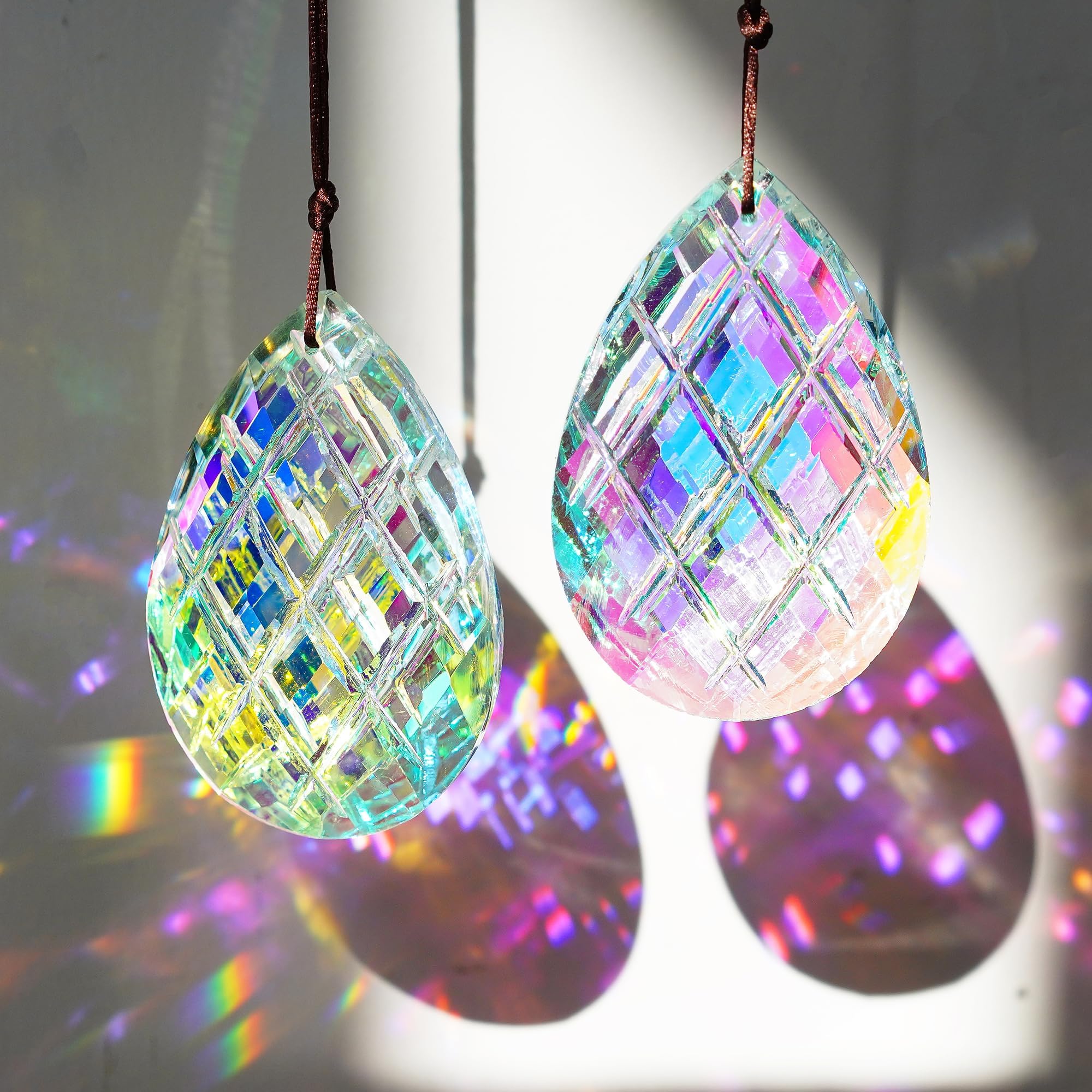 HDCRYSTALGIFTS Set 2 Crystal Suncatcher Prism Pendant for Window Decor,3inch AB Colored Crystal Prisms Rainbow Maker Garden Hanging Sun Catcher Ornament