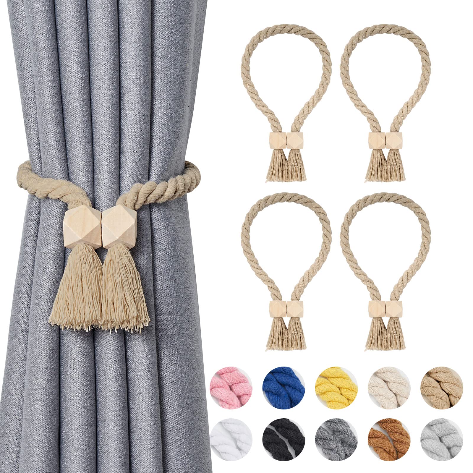 Pretty Jolly 4 Pack Wooden Polyhedron Magnetic Curtain Tiebacks Boho Home Decor Drape Tie Backs Natural Cotton Hand Woven Rope Curtain Holdbacks for Home & Office Window Draperies (Dark Beige)
