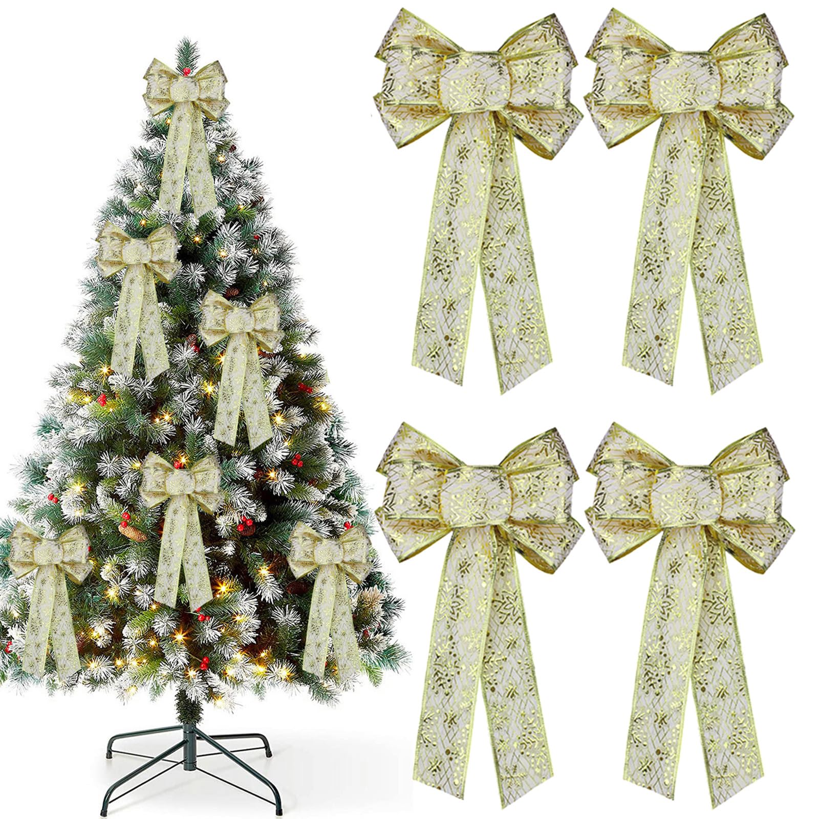 YankMooM 4Pcs Christmas Bows for Tree,31x19cm Glitter Gold Christmas Tree Decoration Bows Wreaths Bows Xmas Decorative Bows for Christmas Home Party Decorations
