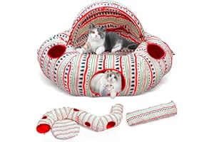 OUHOU Cat Tunnel Bed for Indoor Cats, Soft Plush Peekaboo Cat Cave Donut Tunnel, Multifunctional Cat Playground Toys Hideplace for Small Medium Large Cats, Kittens, Rabbit, Ferret (Red)