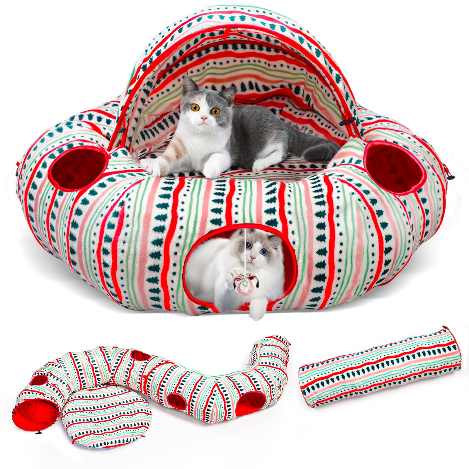 Photo 1 of OUHOU Cat Tunnel Bed for Indoor Cats, Soft Plush Peekaboo Cat Cave Donut Tunnel, Multifunctional Cat Playground Toys Hideplace for Small Medium Large Cats, Kittens, Rabbit, Ferret (Red)