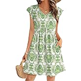 OFEEFAN Summer Dresses for Women Beach Vacation Clothes V Neck Ruffle Sleeve Babydoll Dress Elegant Classy Sundress