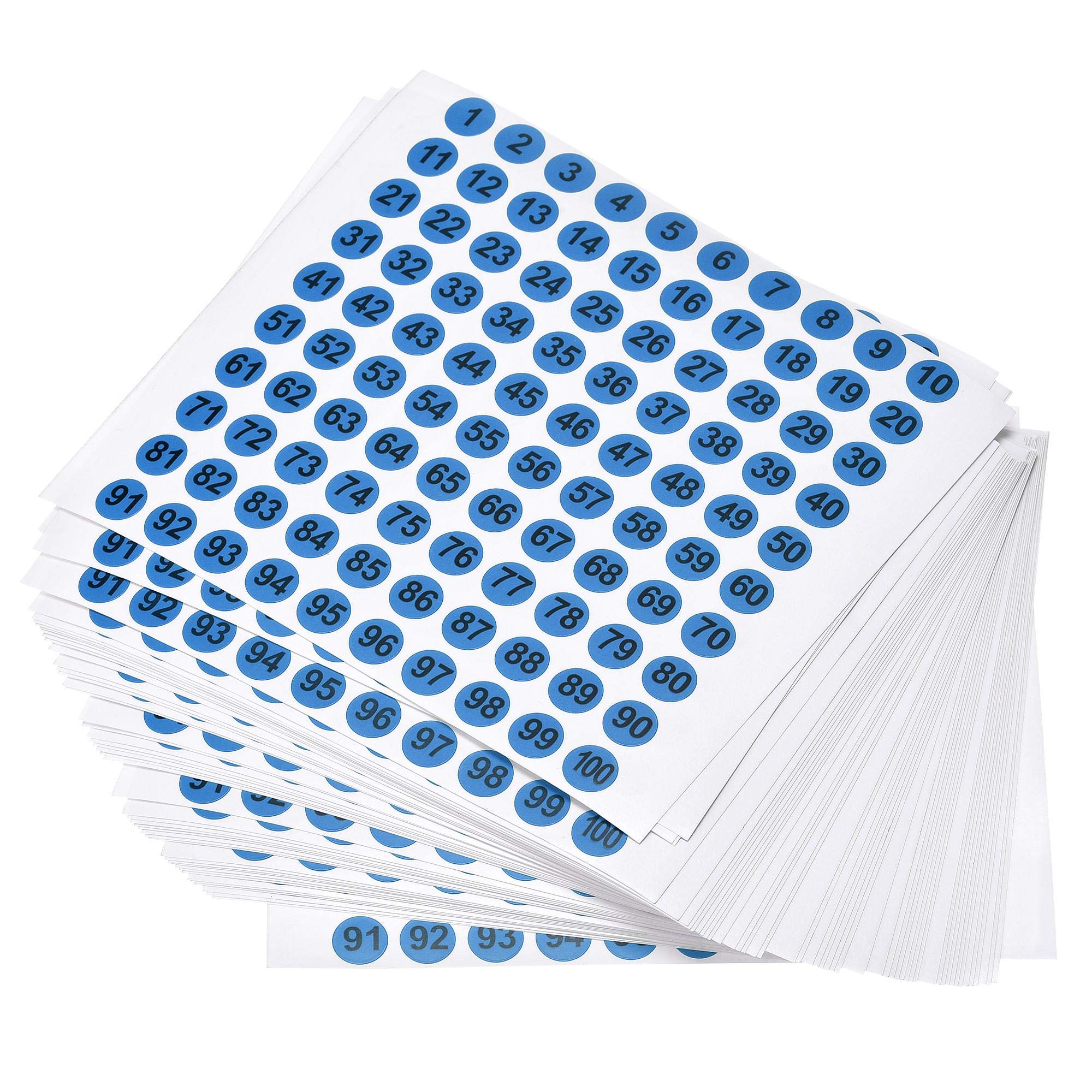 sourcing map Round Number Stickers, 10mm Dia Number 1-100 Coated Paper Label 50 Sheets, Black Word/Blue Background