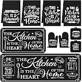 Fourluoo 10 Pcs Farmhouse Kitchen Decor and Accessories Set 4 Kitchen Towels 2 Pot Holders 2 Oven Mitts 2 Rugs for Cooking Baking Mom Housewarming Gifts(Black,Classic Style)