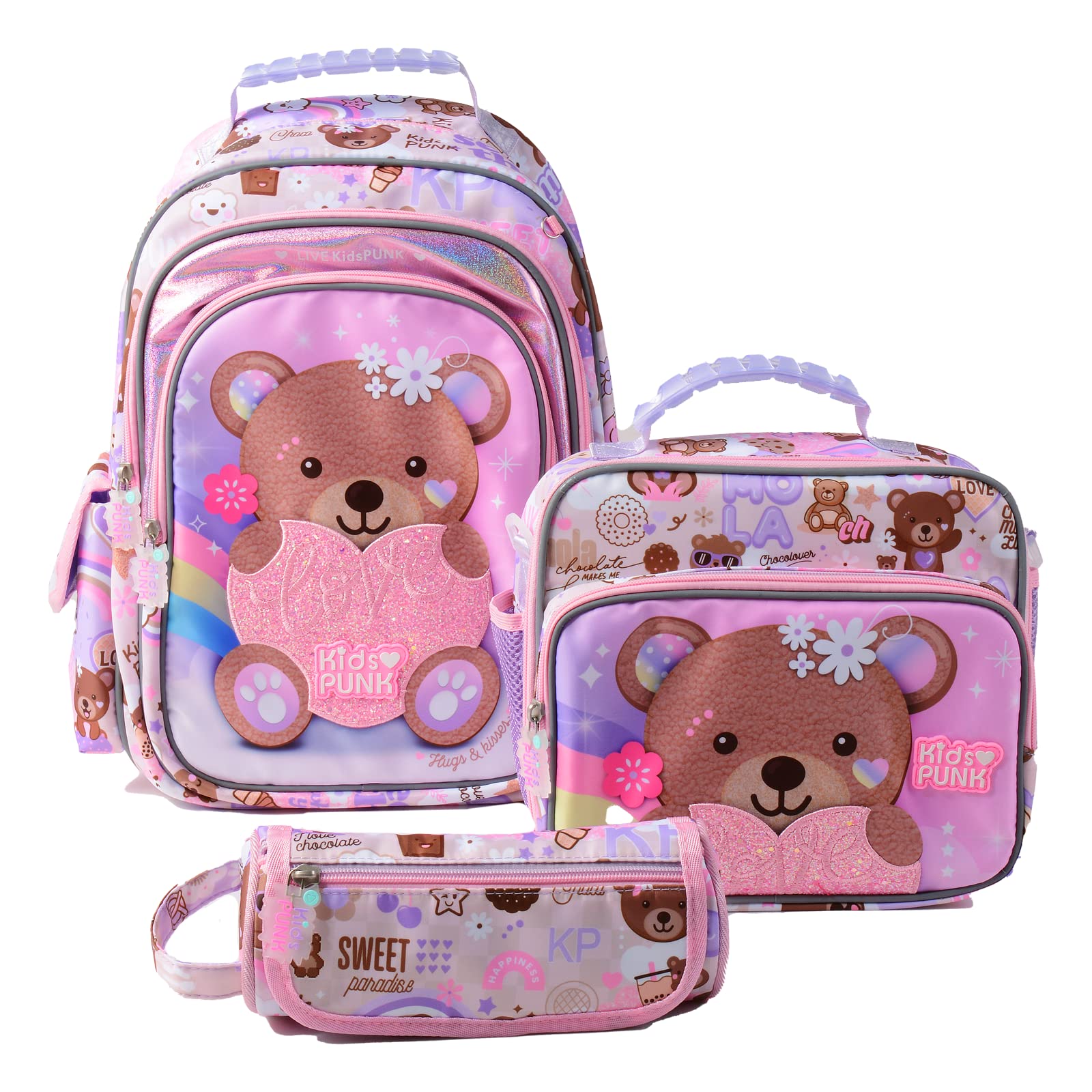 16 Inch Girls Backpack with Lunch Box and Pencil Case 3 in 1 Cute Purple Bear Backpacks for Girls Kindergarten Preschool Elementary Kawaii Kids Backpack with Bento Lunch Bag
