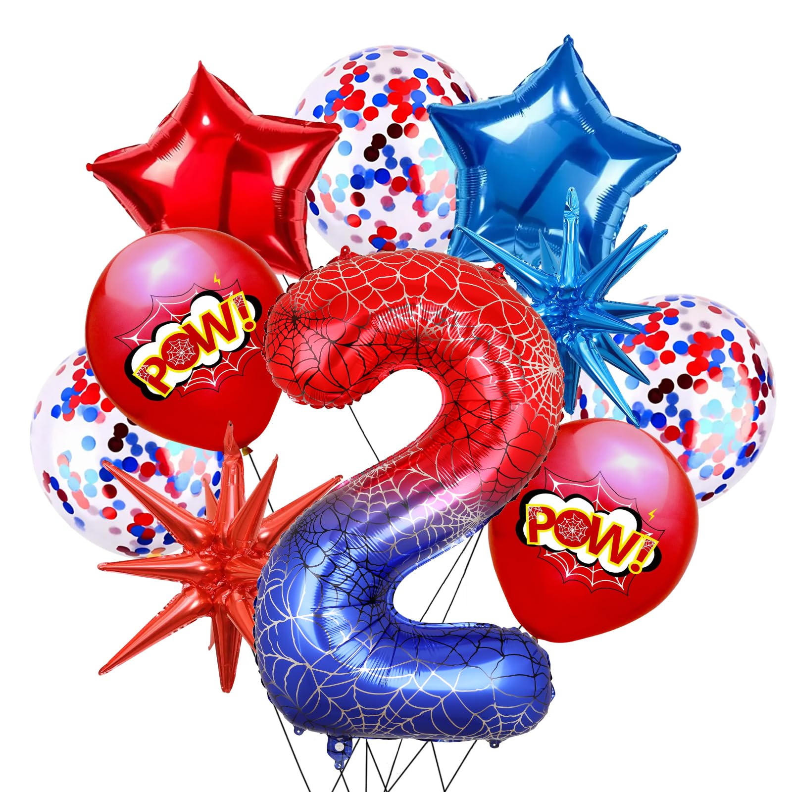 Photo 1 of 10Pcs 40 Inch Spider Theme Number 2 Foil Balloons Birthday Decoration Cartoon Hero Red and Blue Spider Web Design for Kids Large Mylar 2nd Number Balloon Cartoon Party Birthday Supplies