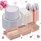 Goodluck 700 Piece Rose Gold Dinnerware Set for 100 Guests, Plastic Plates Disposable for Party, Include: 100 Dinner Plates, 100 Dessert Plates, 100 Paper Napkins, 100 Cups, 100 Silverware Set