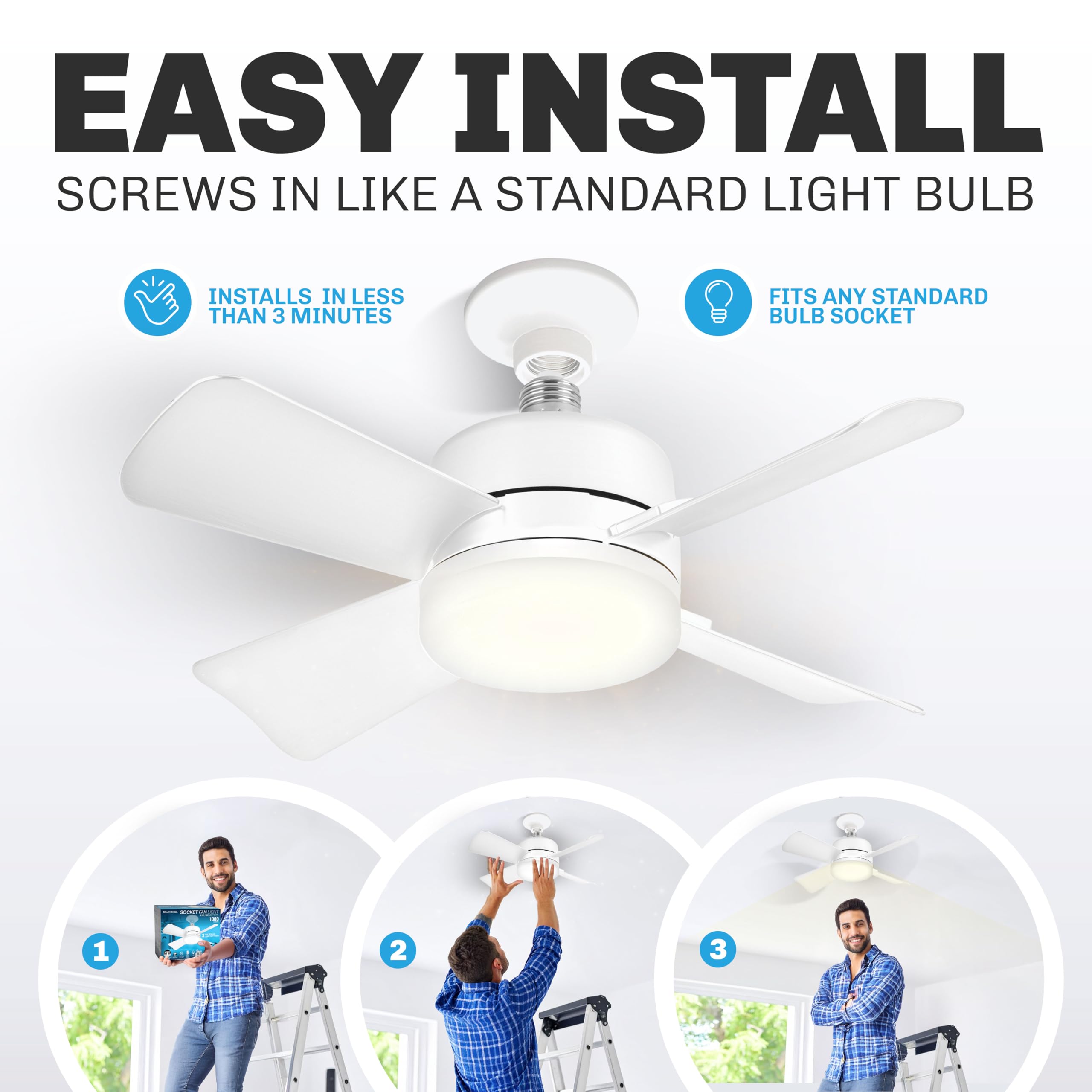 Bell+Howell Socket Breeze Socket Fan Light with Remote, Portable Small Ceiling Fans with Lights for Bedroom, Kitchen, Living Room, Ceiling Fan with Light 3500K, 1000 Lumens, Screws into E26/E27
