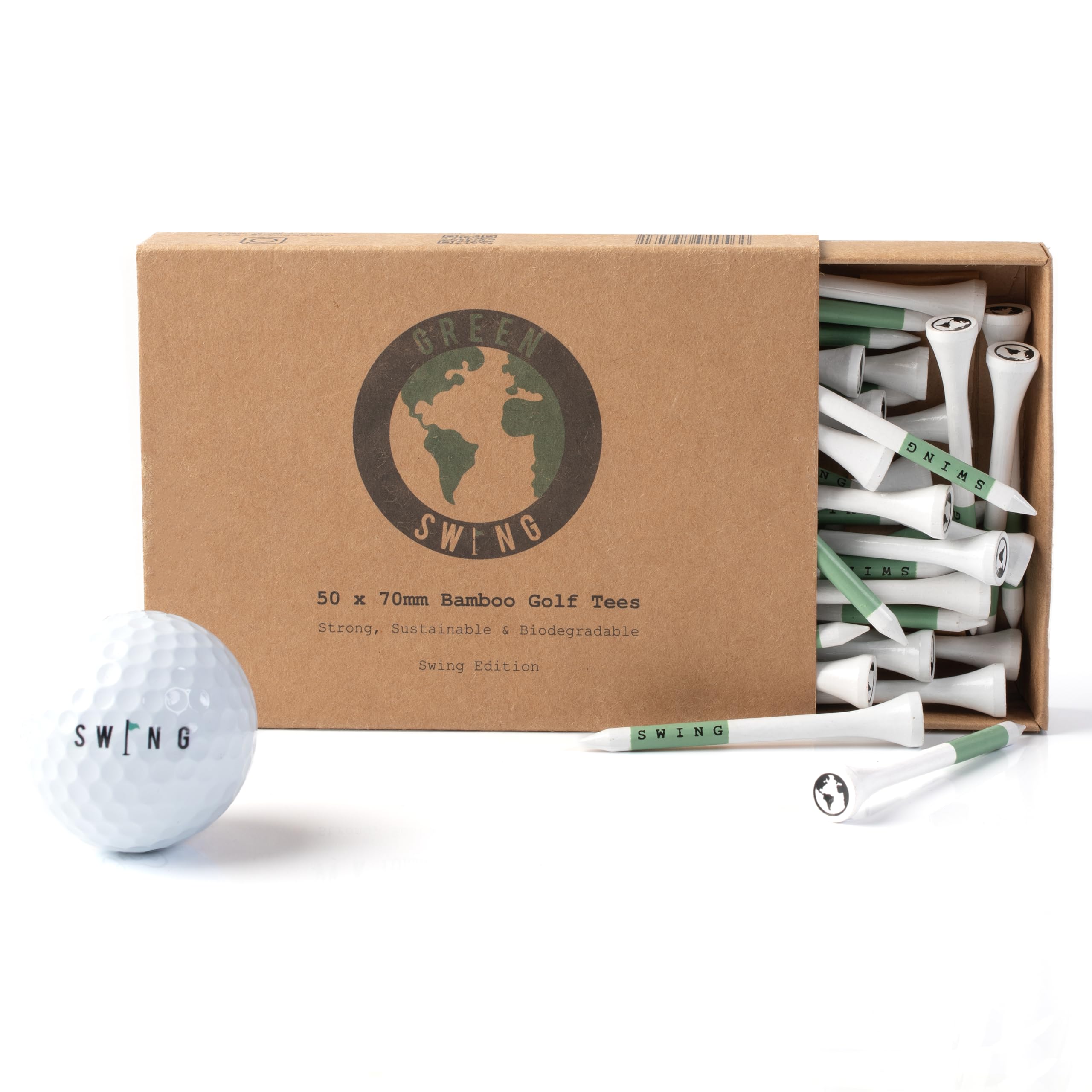 Green Swing 70mm White & Green Bamboo Golf Tees 30pcs 50pcs or 100pcs | Get The Perfect Height Everytime | Fully Recyclable Slide Box Packaging (50pcs)
