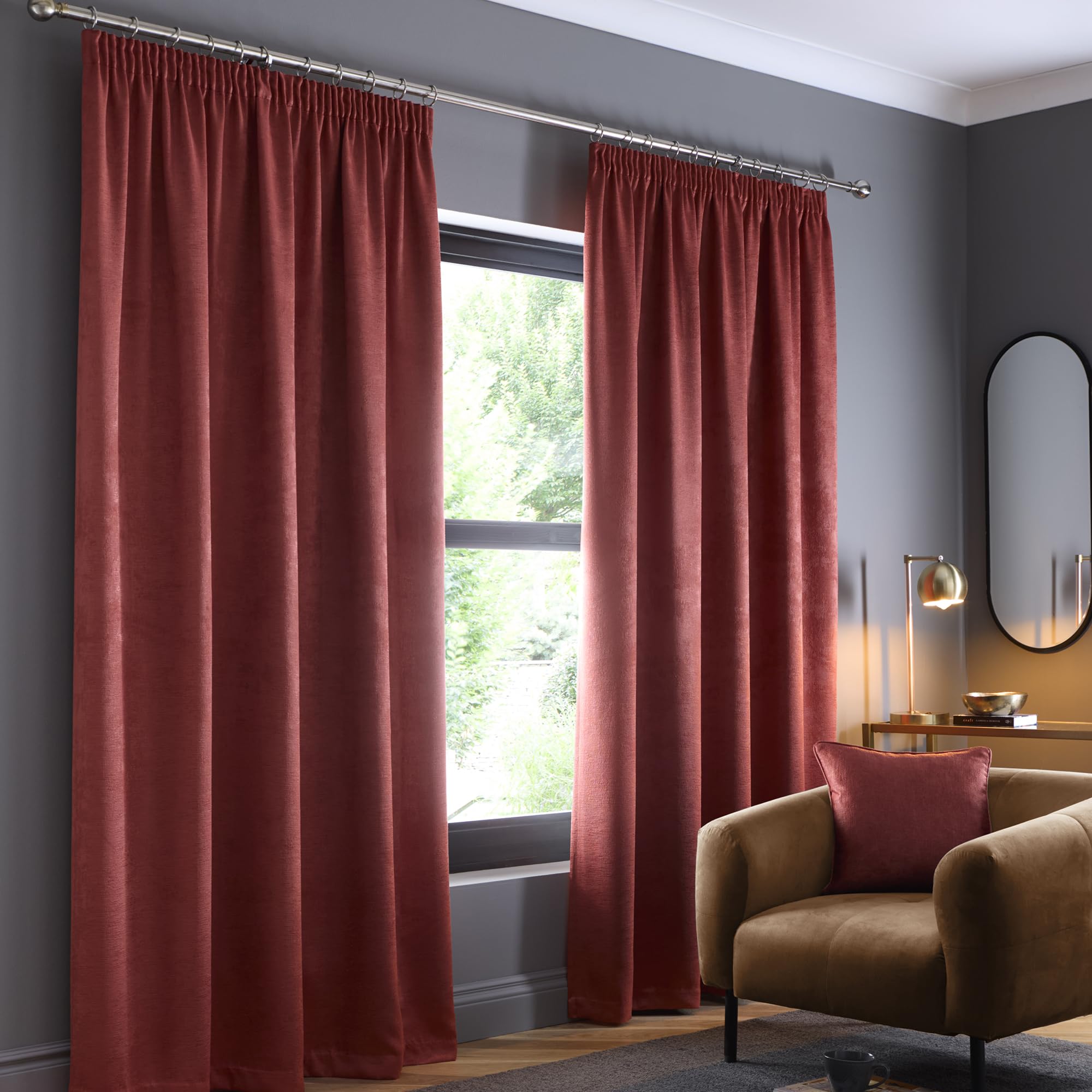 Fusion Terracotta Curtains W46 x L54 – 100% Cotton Pencil Pleat – Thermal & Soundproof – Blood Orange Window Treatment for Bedroom – 2 Panels — image 1
