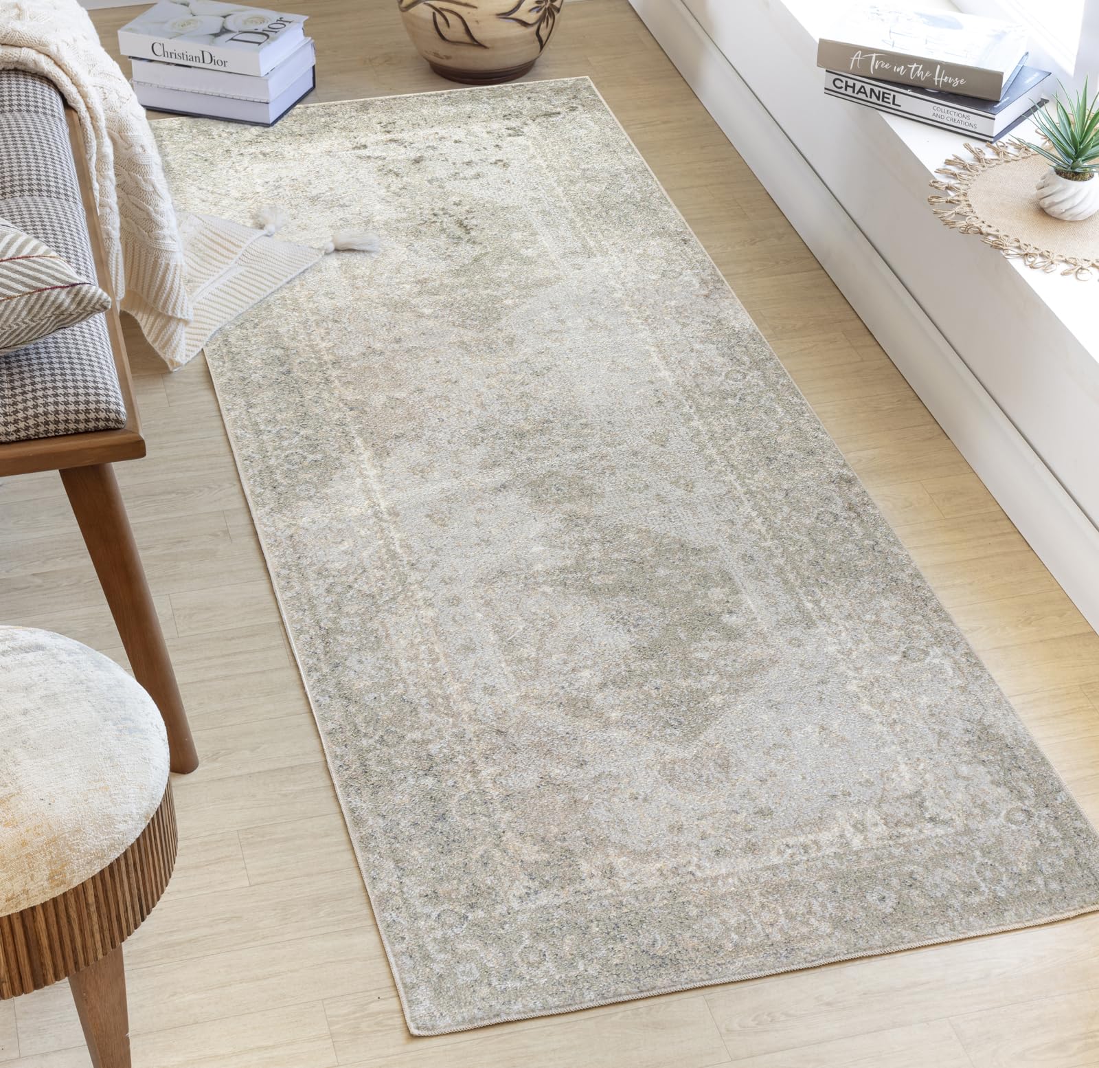 Livabliss Boka Dukan Washable Runner 80x220 cm – Vintage Boho Style for Hallway, Kitchen & Living Room, Machine Washable Easy Care Floor Covering, Beige Light Grey