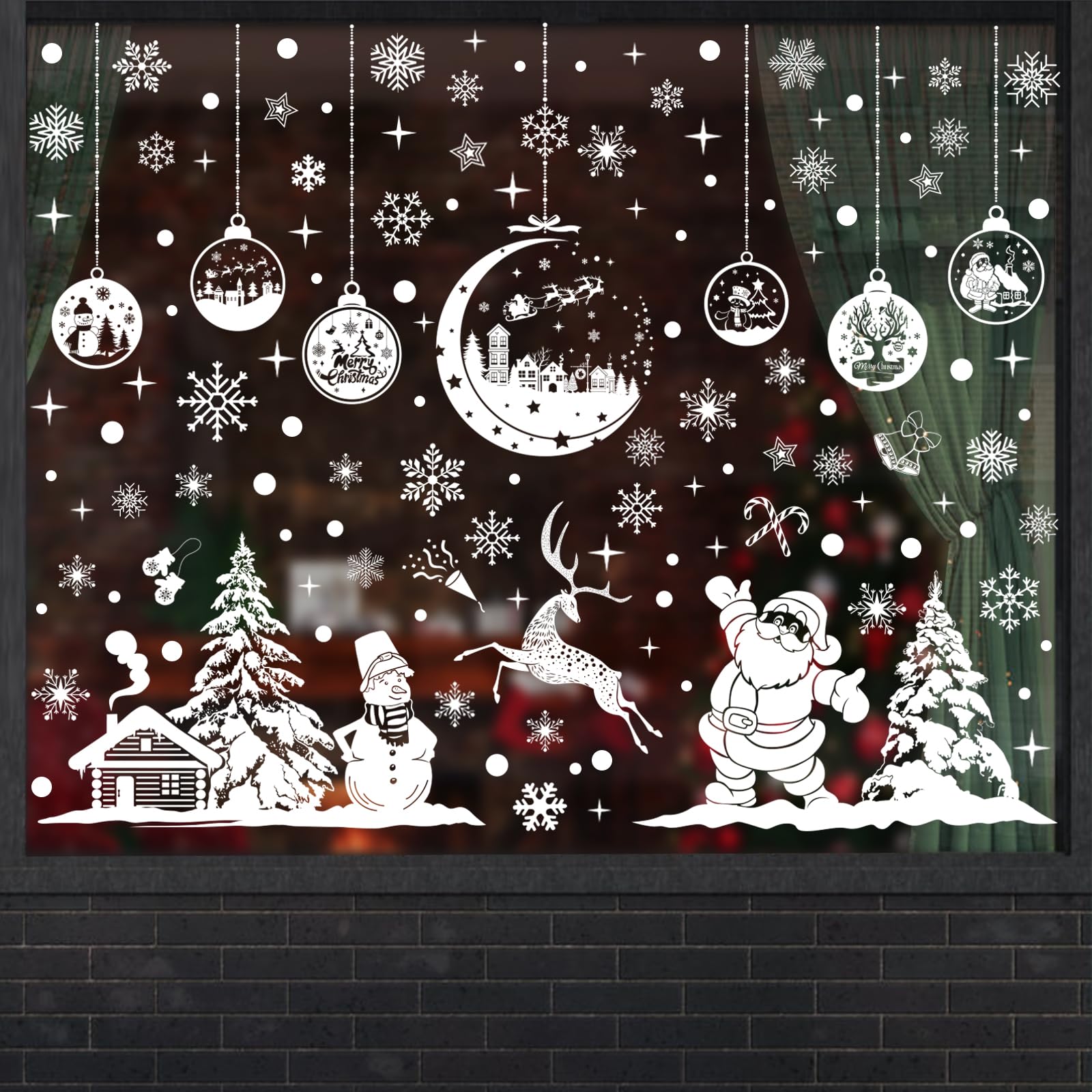 Fassory White Christmas Window Stickers 9 Sheets 260 Pcs, Reusable PVC Static Cling Double-Side Stickers for Home Shop Office, White Christmas Decorations Santa Reindeer (Santa’s Greeting)