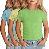 LessonZoo 3 Pack Girls Short Sleeve Cute Shirts | Ribbed Knit, Crew Neck, Slim Fit, Summer, Basic, Soft, School Outfit, Trendy, Ages 5-14, Solid Colors, Versatile Styling
