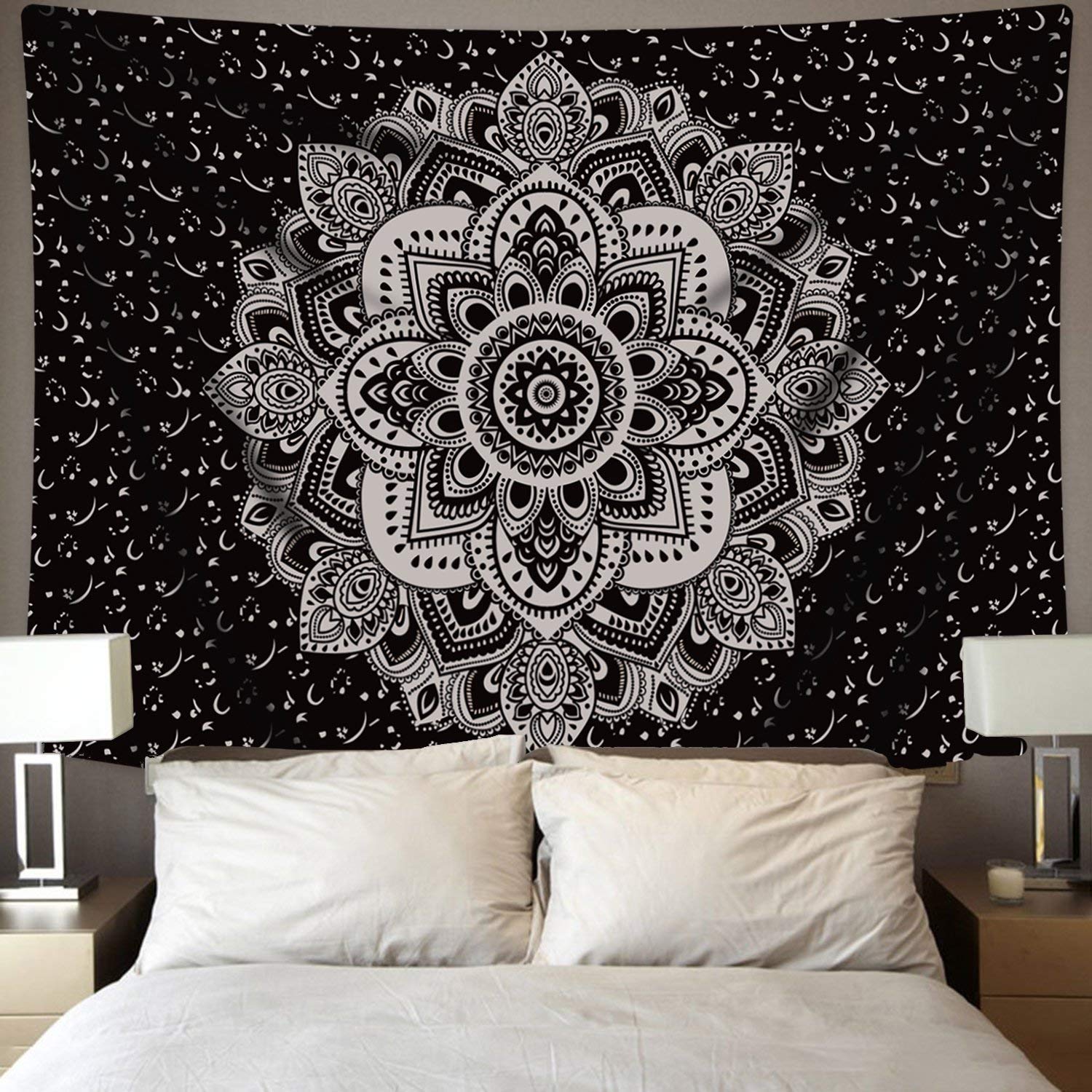 Tapestry Wall Hanging Ombre Tapestry Mandala Tapestry Silver Bedding Mandala Tapestry Multi Color Indian Mandala Wall Art Hippie Wall Tapestry Hanging (54 X 60 inches, Black Silver Flower)