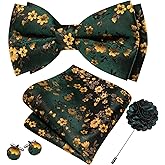 Barry.Wang Bow Ties for Men Floral Silk Pre-Tied Bowtie Pocket Square Cufflinks Set Formal Wedding Party Prom