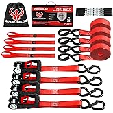 Ratchet Straps (4 Pack) - 1in x 15ft Motorcycle Strap Tie Downs with 15ft Soft Loops - 2,100lb Break Strength Ratchet Tie Down Straps for Motorcycles, Truck, Cargo - Safety S Hook, Storage Bag