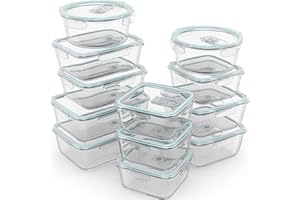 RAZAB 24 Pc Airtight Glass Food Storage Containers - Glass Meal Prep Containers - Freezer to Oven Safe - Steam Release Valve BPA/PVC Free - Airtight Glass Bento Boxes - Leak Proof (12 lids & 12 Containers)