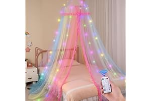 Unicorn Castle Ciel de lit pour filles avec minuteur à distance, filet respirant pour lit avec 8 modes, lumières LED, rideaux