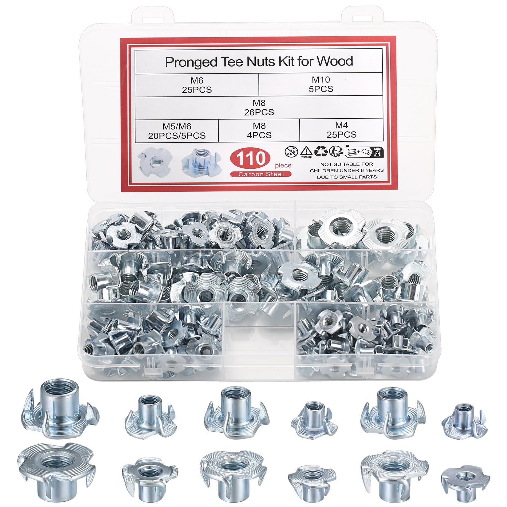 110 Pcs T-Nuts Four Pronged, T Nut 4 Prong Tee Blind Nuts, Threaded Insert T Nuts Carbon Steel, Metric Blind Threaded Tee Nuts for Wood Furniture Household Appliances Construction - M4/M5/M6/M8/M10