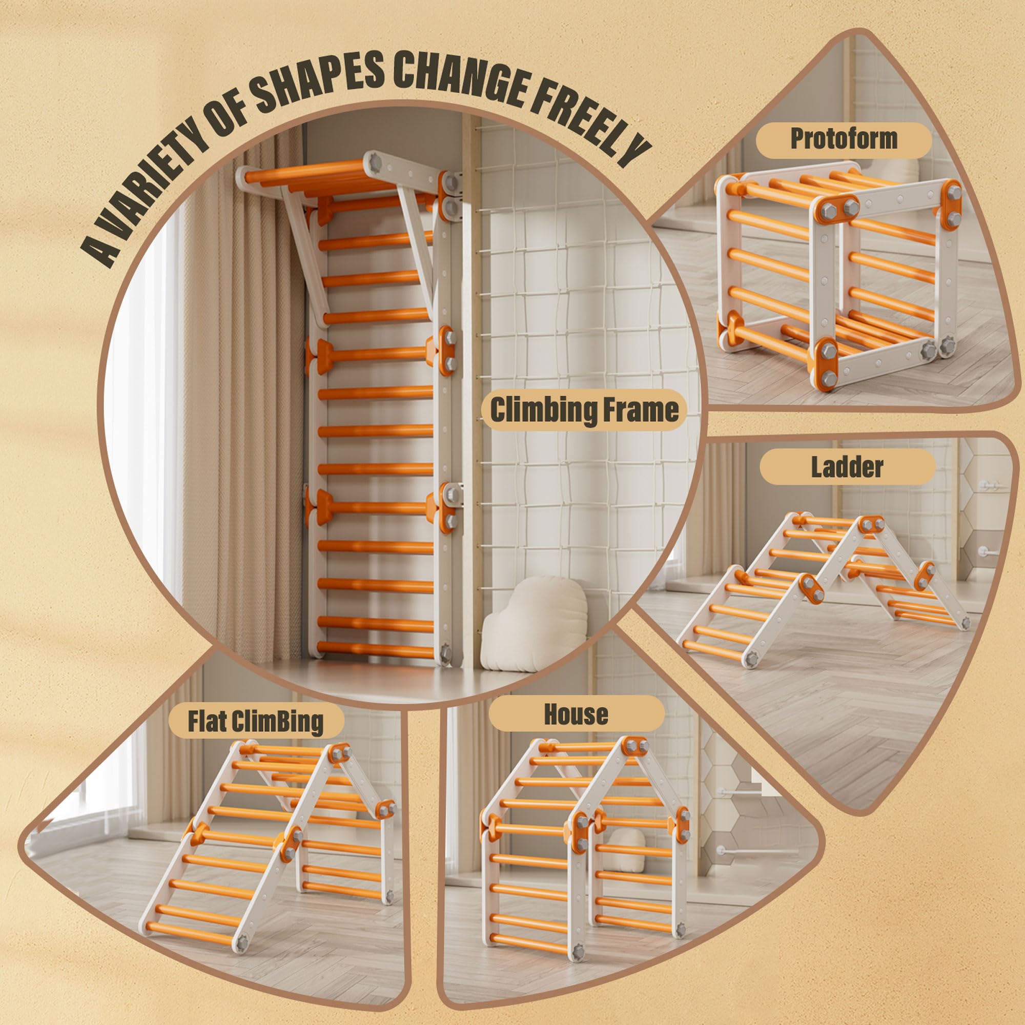 Toddler Climbing Toys,Kids Pikler Triangle Set,Montessori Indoor Play Gym,Multifunction Foldable Indoor Climbing Gym for Kids(Orange)