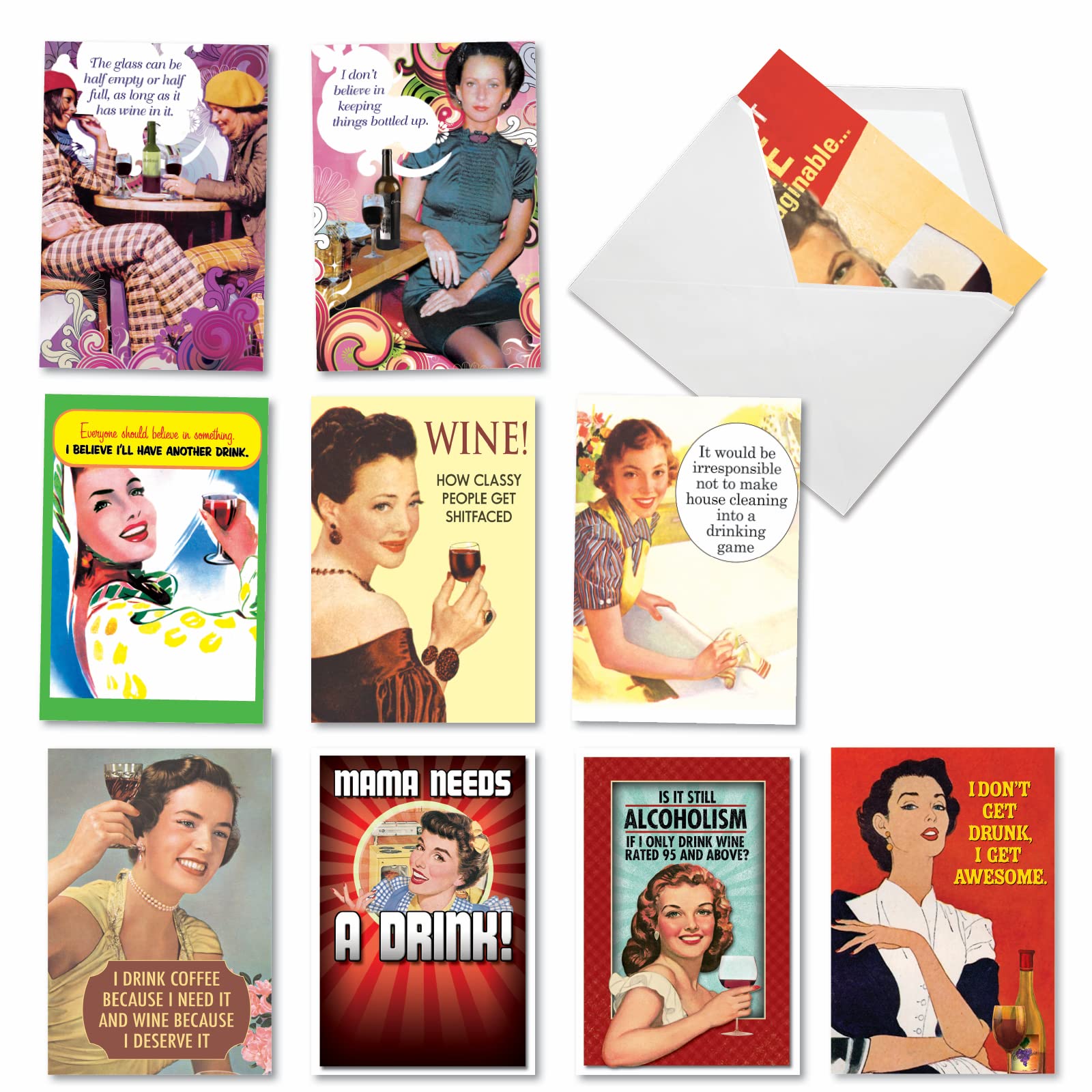 NobleWorks - 10 Funny Birthday Cards Assortment - Adult Retro Notecard Set, Bulk Boxed Humor - Red White and Funny A1245 — image 1