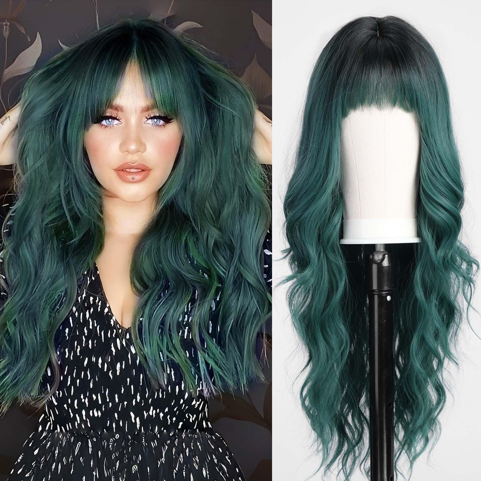EMMOR Green Wigs with Bangs Curly Synthetic Women's Wig Long Heat-Resistant Wig for Daily Use Natural and comfortable