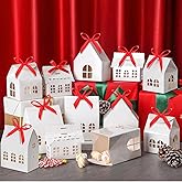 Yinder 25 Pcs House Shaped Gift Boxes with Red Ribbons House Shaped Candy Boxes Cookie Cases for Gift Giving White Paper Gable Cases for Wedding Xmas Party Favors, 4 Styles