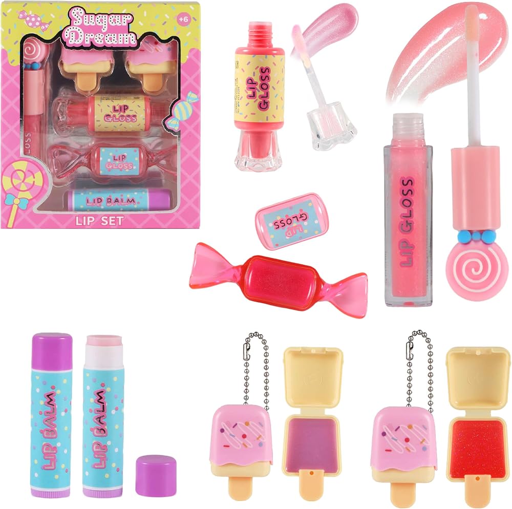 M&U MAKE YOU UP MU 6pc Candy Sweet Lip Gloss Set for Kids - 1 Straight Stick, 2 Ice Cream and 2 Candy Balms, Non-Toxic Girls