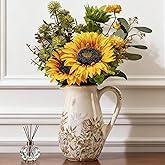 Purple and Borwn Floral Vintage Vase with Handle, French Country Floral Pitcher Vase, Rustic Ceramic Farmhouse Vases for Home Decor, Living Room, Bookshelf, Grand Millennial Tuscan Decor 8.7 in