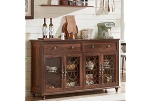 Joaxswe Farmhouse Sideboard Buffet Cabinet with Storage,59" Large Credenza with 4 Glass Doors & 2 Drawers,Adjustable Shelves Console Table,Wood Kitchen Coffee Bar for Dining Room,Living Room,Brown