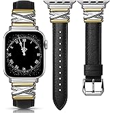 Minyee Leather Band Compatible with Apple Watch 42/41/40/38/44/45/46/49mm Women,Dressy Slim Premium Leather Strap with Designer X-Shape Metal Buckle for iWatch Series 11 10 9 8 7 6 5 4 SE/Ultra 3 2 1