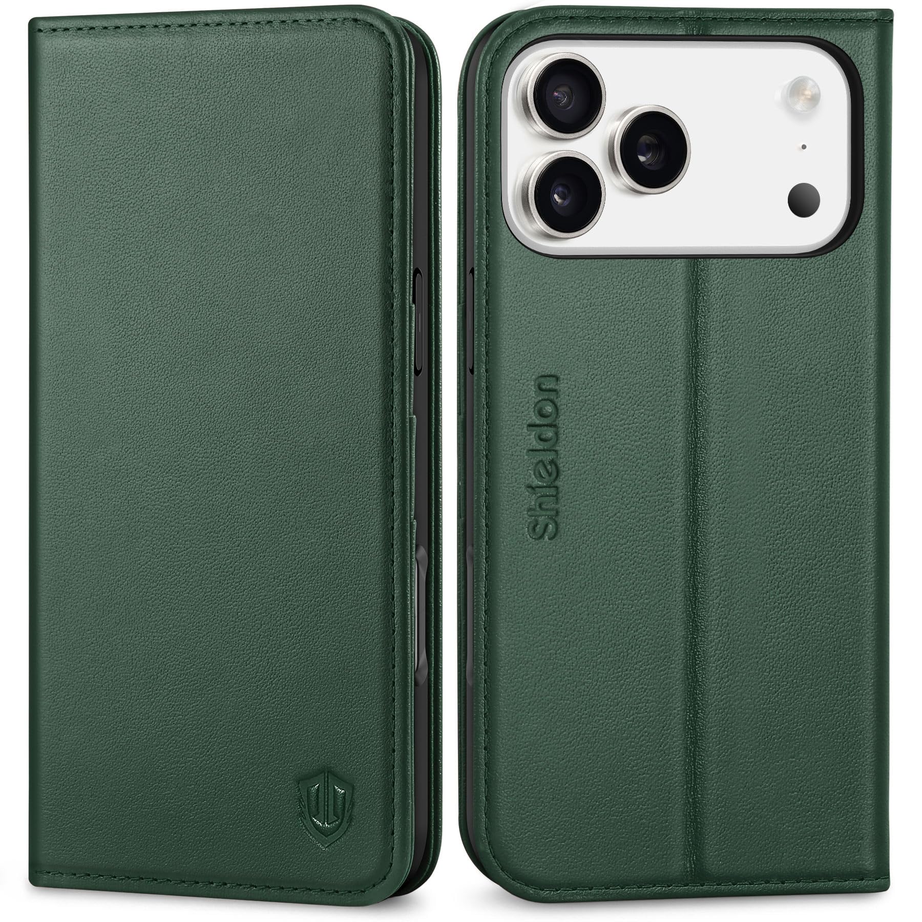 Photo 1 of SHIELDON Case Wallet for iPhone 17 Pro Max 6.9" 2025 | Genuine Leather, Kickstand, RFID Blocking Card Slot, Magnetic Closure, Flip, Shockproof Interior Cover for Men Women - Evergreen