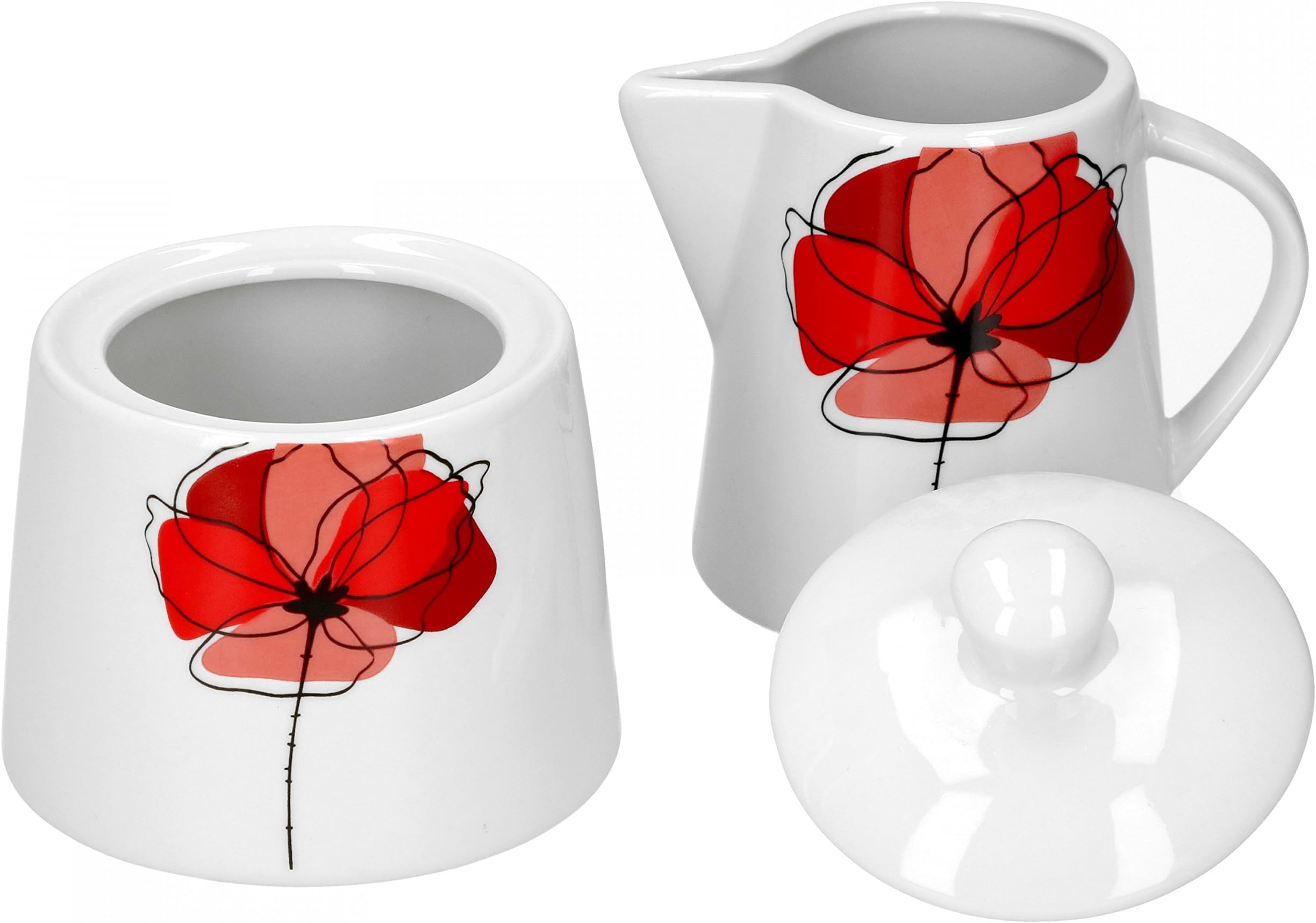 Van Well Monika Sugar + Milk Set | Sugar Bowl with Lid | Milk Jug | Milk & Sugar | Poppy Flower Red | Elegant Porcelain Crockery | Catering