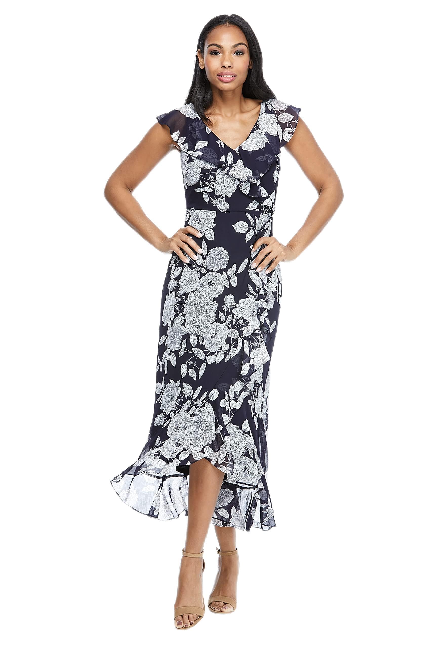 London Times Women’s Chiffon Faux Wrap Ruffle Maxi Dress Guest of Wedding, Navy/Soft White